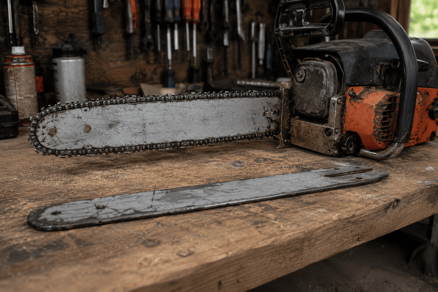 Chainsaw guide bar installed on a saw next to a removed guide bar, showing cutting length versus total bar length