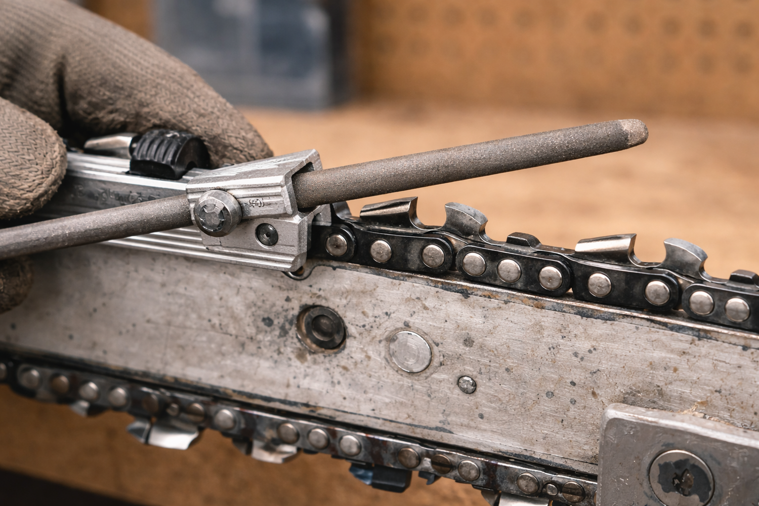 Manual chainsaw sharpening using a file and guide