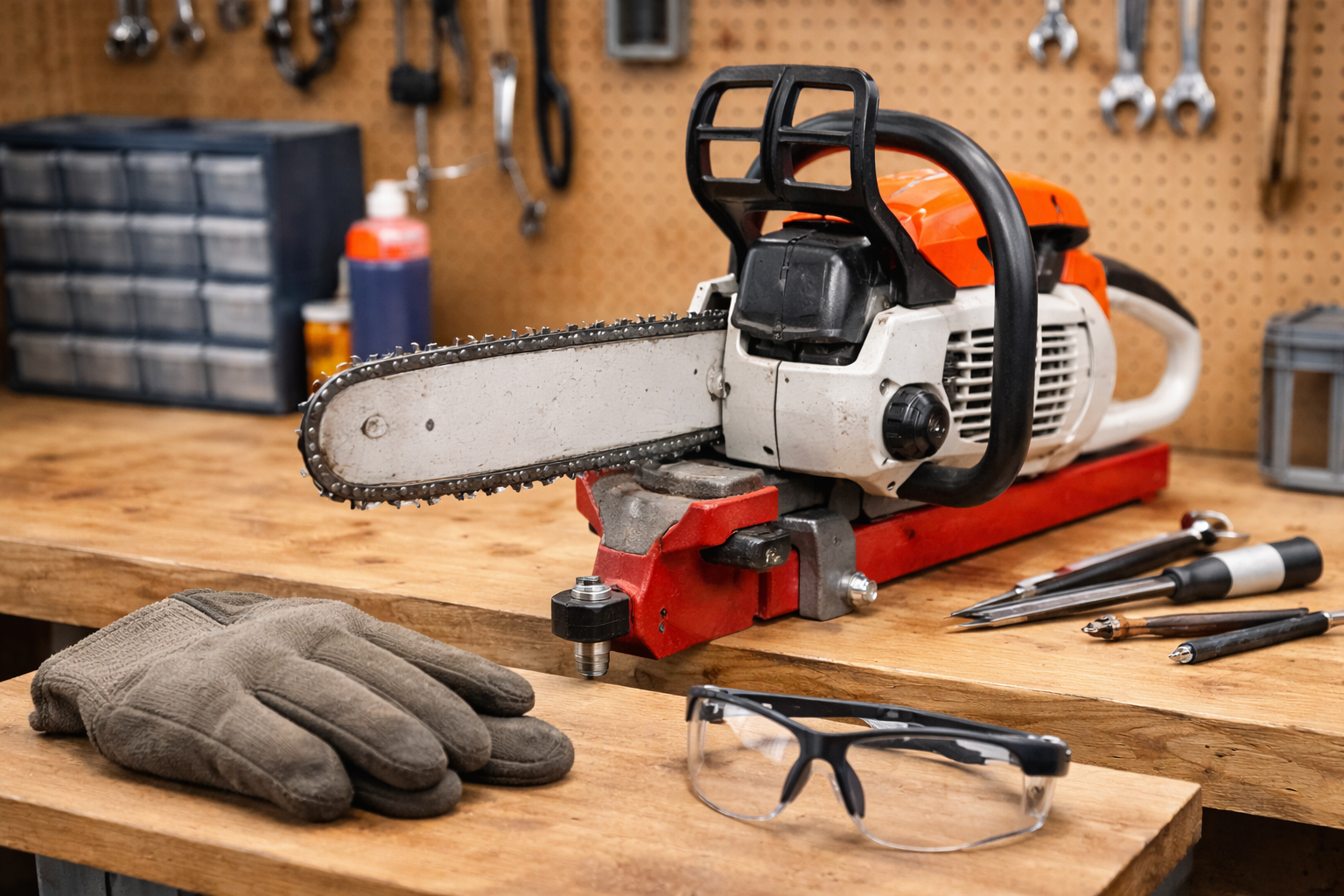 Safe chainsaw maintenance and sharpening setup