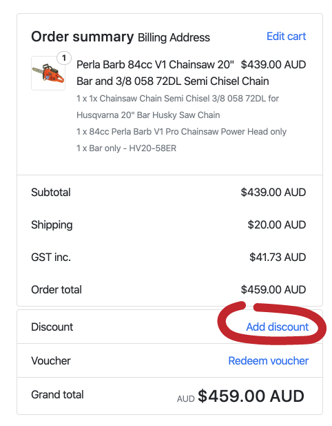 Discount code instructions