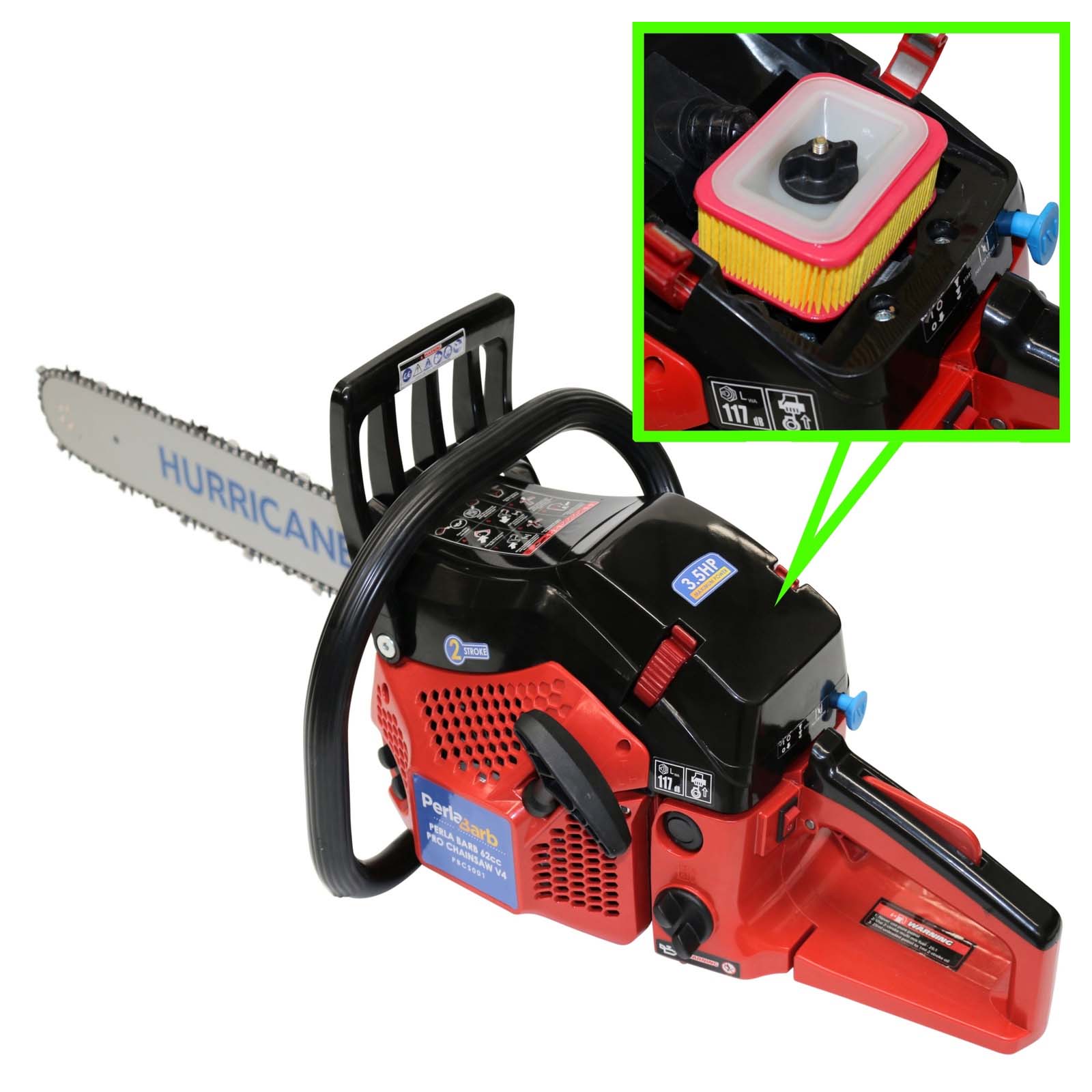 Perla Barb 62cc V4 Chainsaw with easy start 18" bar and carbide chain